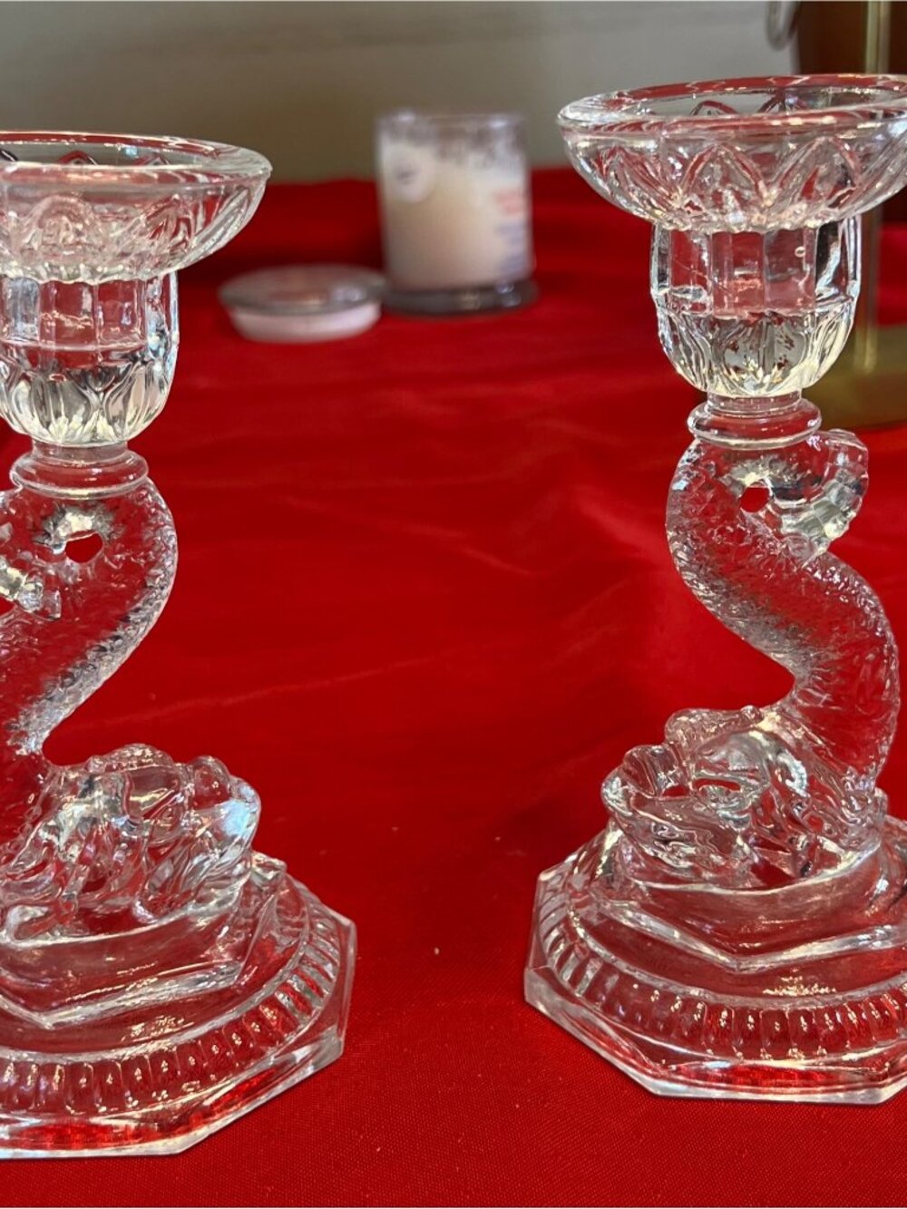 Pair Of Vintage Clear Glass Koi Candlestick Holders Octagonal Base Elegant Coast
